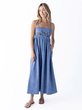 NATURAL LIFE Blue Chambray Maxi Dress with Floral Embroidery